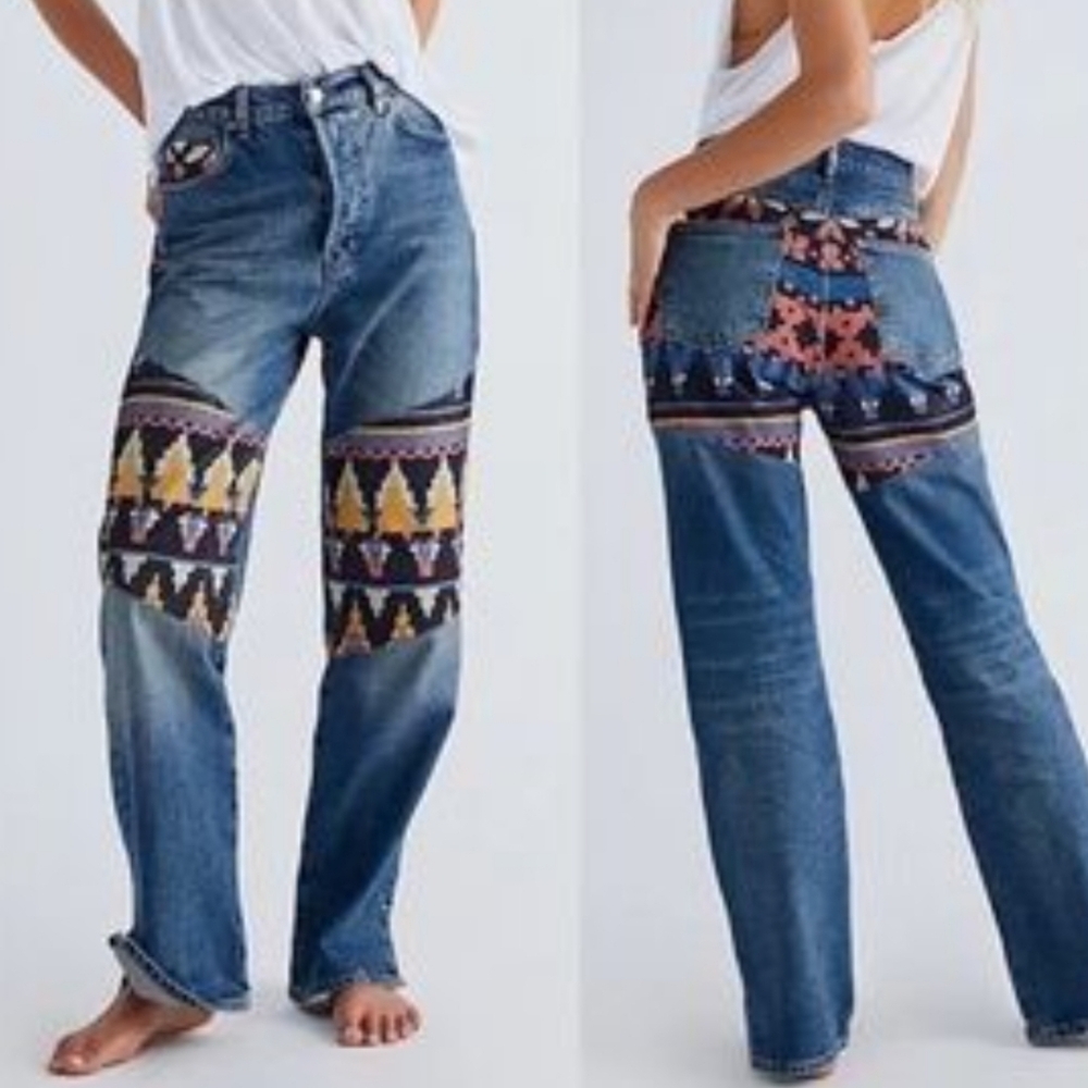 Free People Straight Leg Jeans with Multicolor Aztec Panels - Blue
